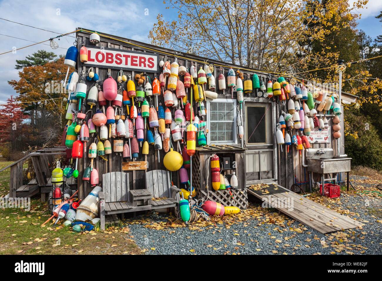 United States, Maine, Mt. Desert Island, Eden, traditional lobster shack seafood restaurant, autumn Stock Photo