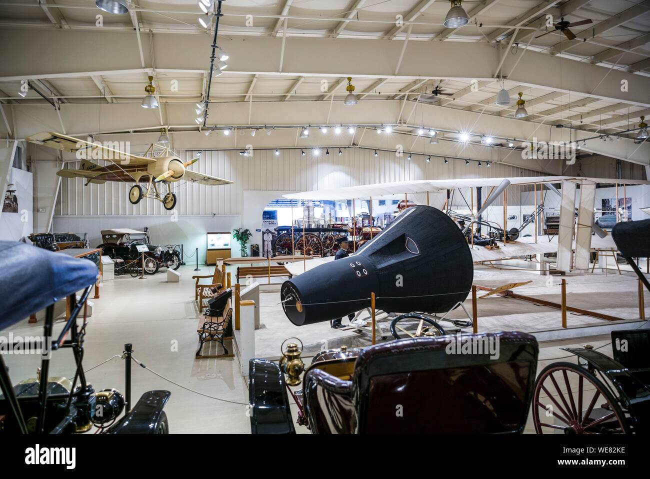 United States, Maine, Kennebunkport, Owls Head Transportation Museum, Gemini space capsule and 1913 Deperdussin monoplane replica Stock Photo