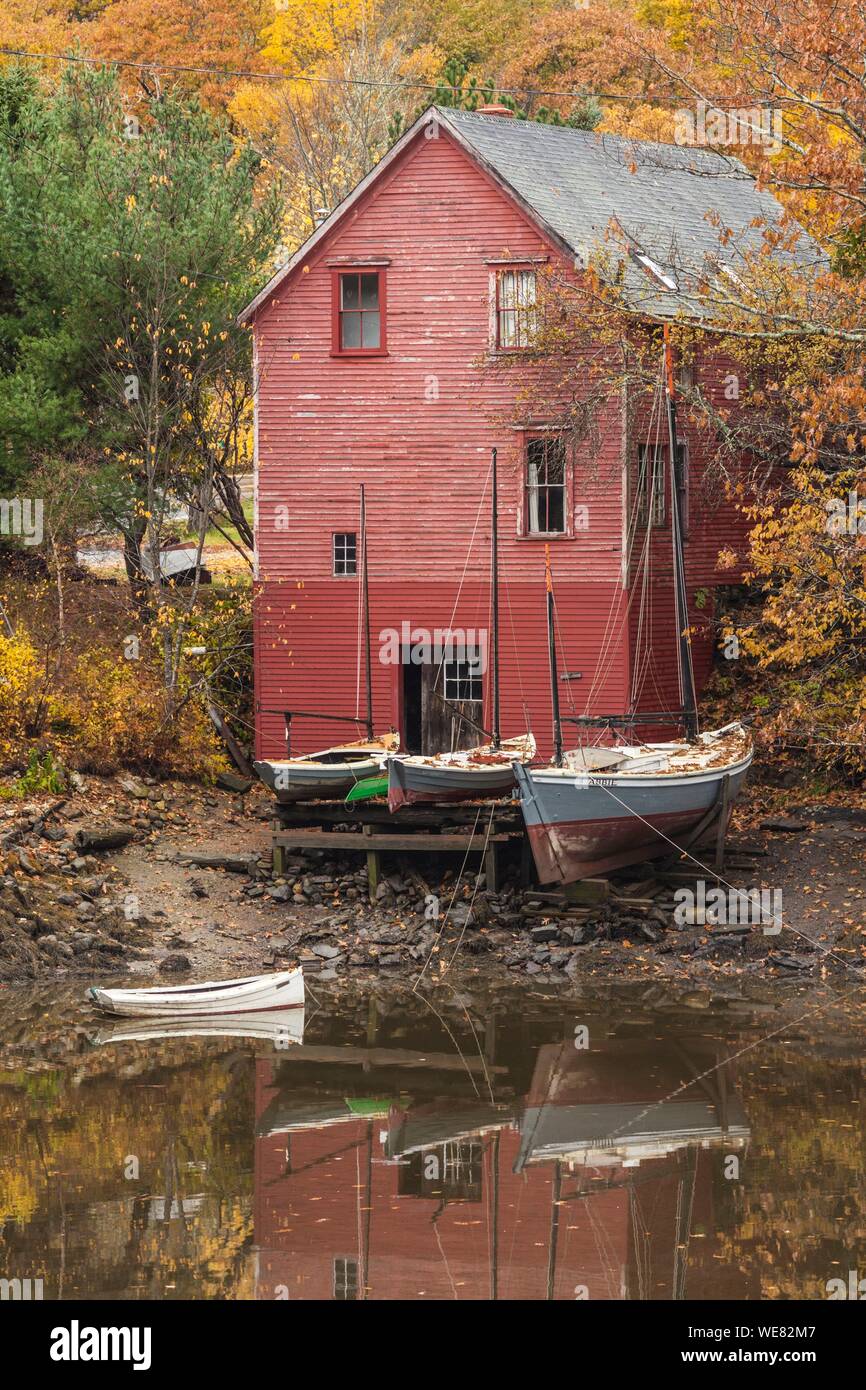 United States, Maine, boat shed and boats, autumn Stock