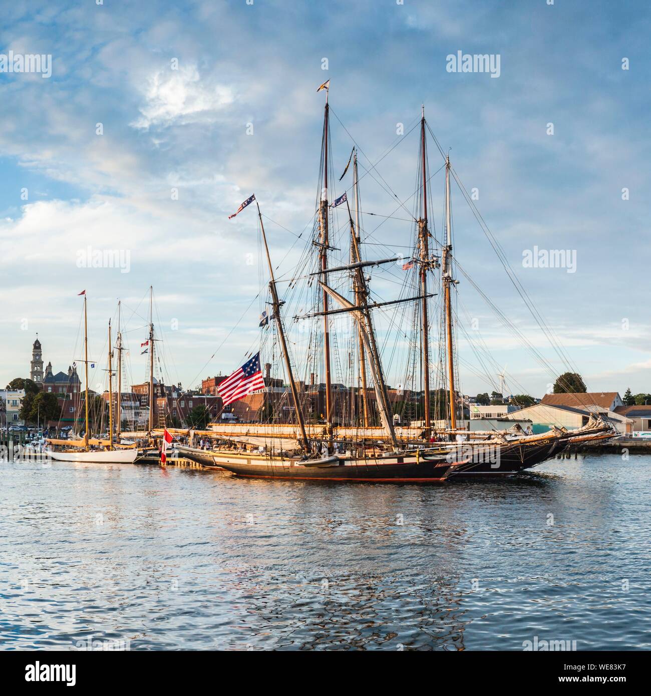 United States, New England, Massachusetts, Cape Ann, Gloucester, Gloucester Schooner Festival, schooners in Gloucester Harbor, dusk Stock Photo