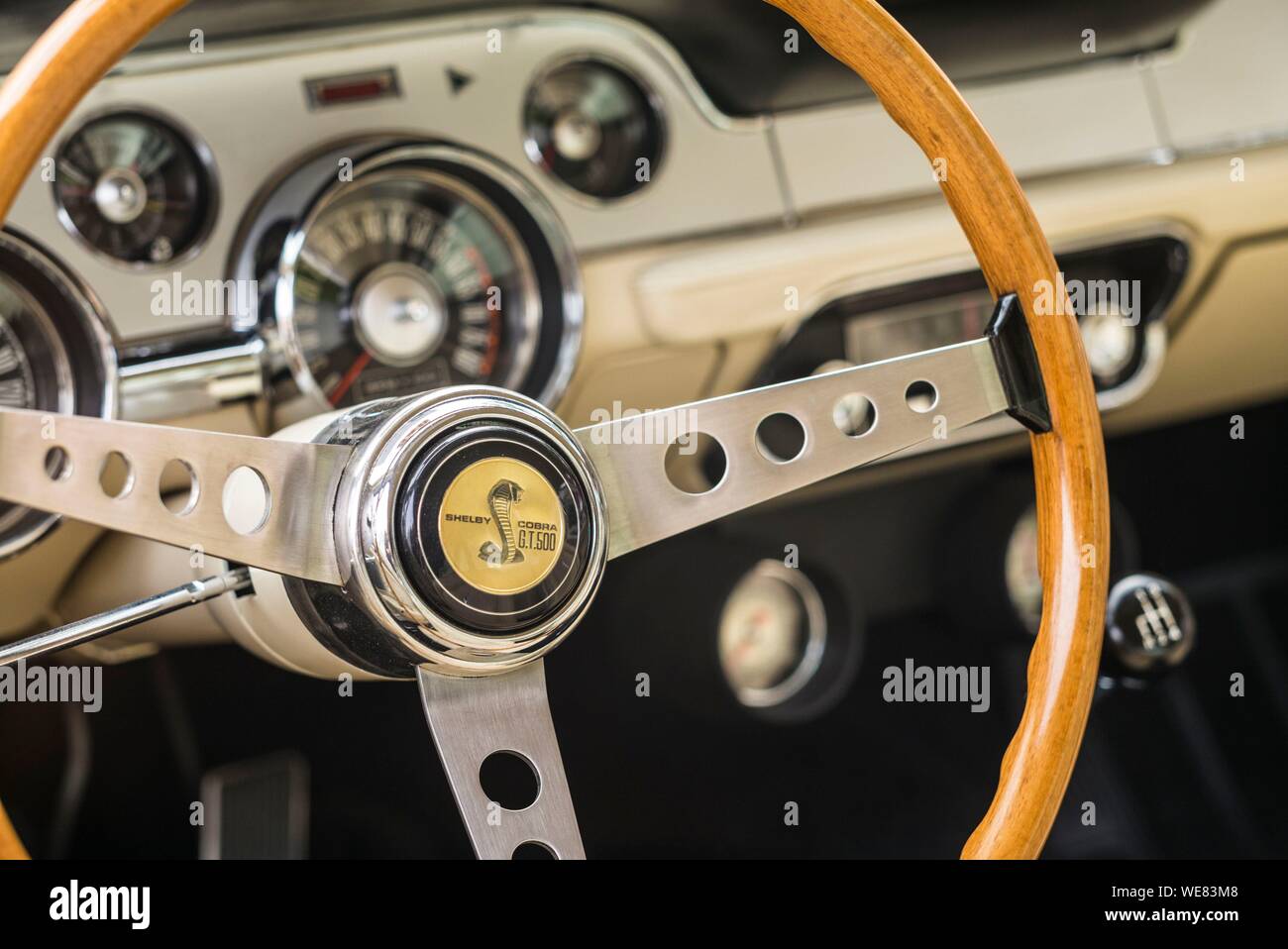 United States, New England, Massachusetts, Essex, antique cars, Shelby Cobra GT 500, steering wheel interior detail Stock Photo