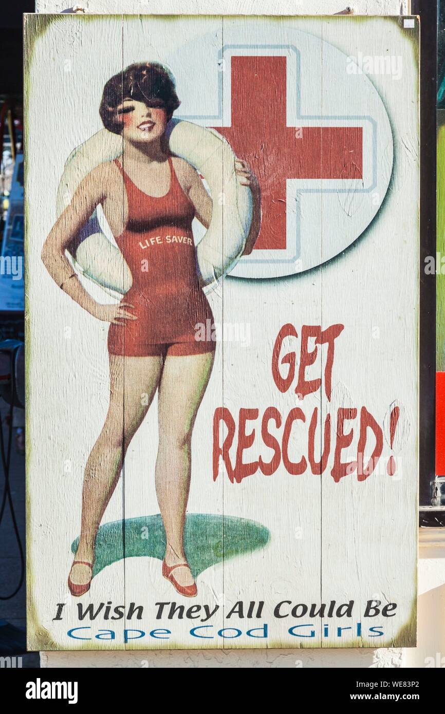 United States, New England, Massachusetts, Cape Cod, Falmouth, antique beach rescue poster Stock Photo
