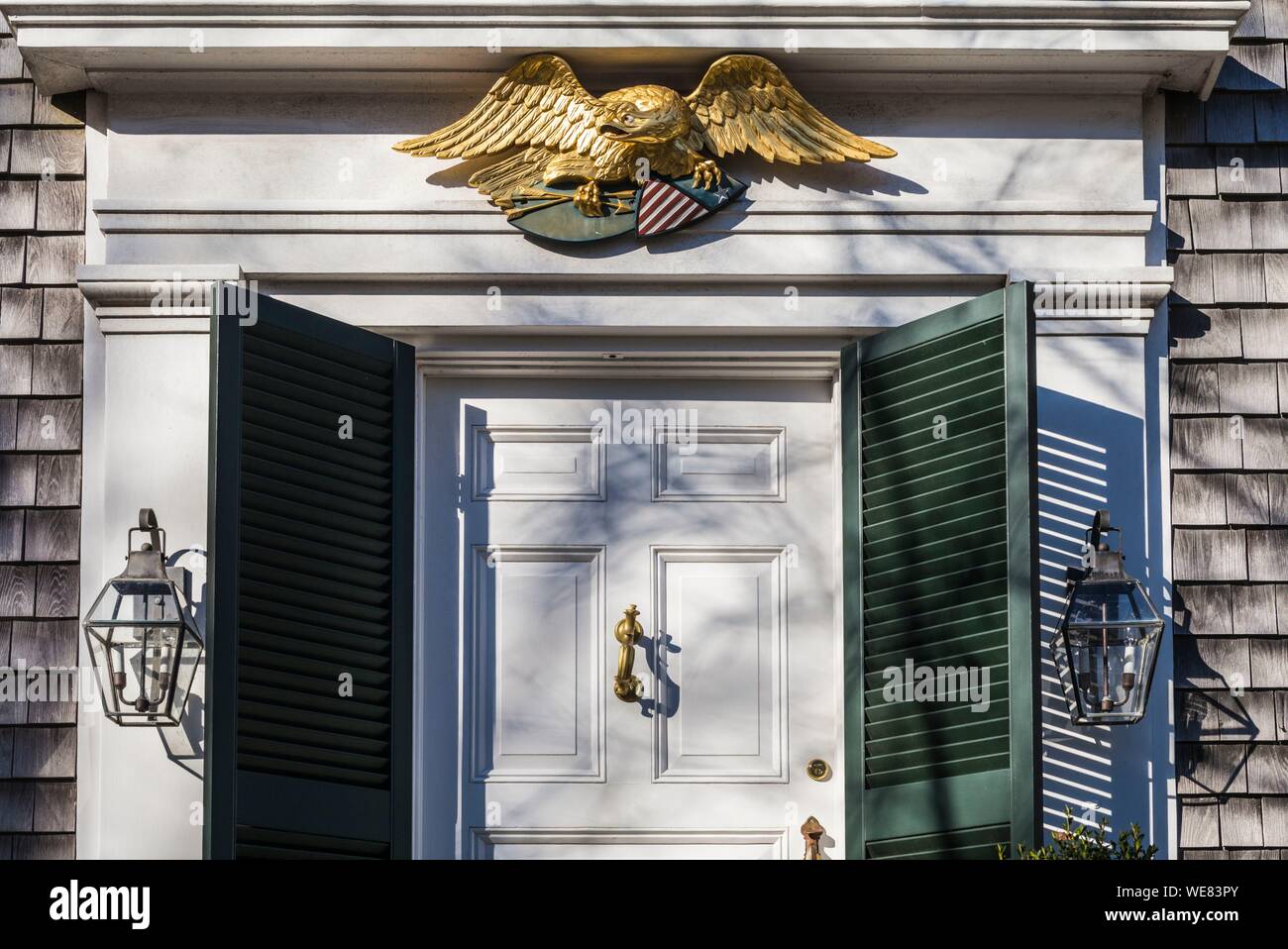United States, New England, Massachusetts, Nantucket Island, Nantucket, doorway with American eagle Stock Photo