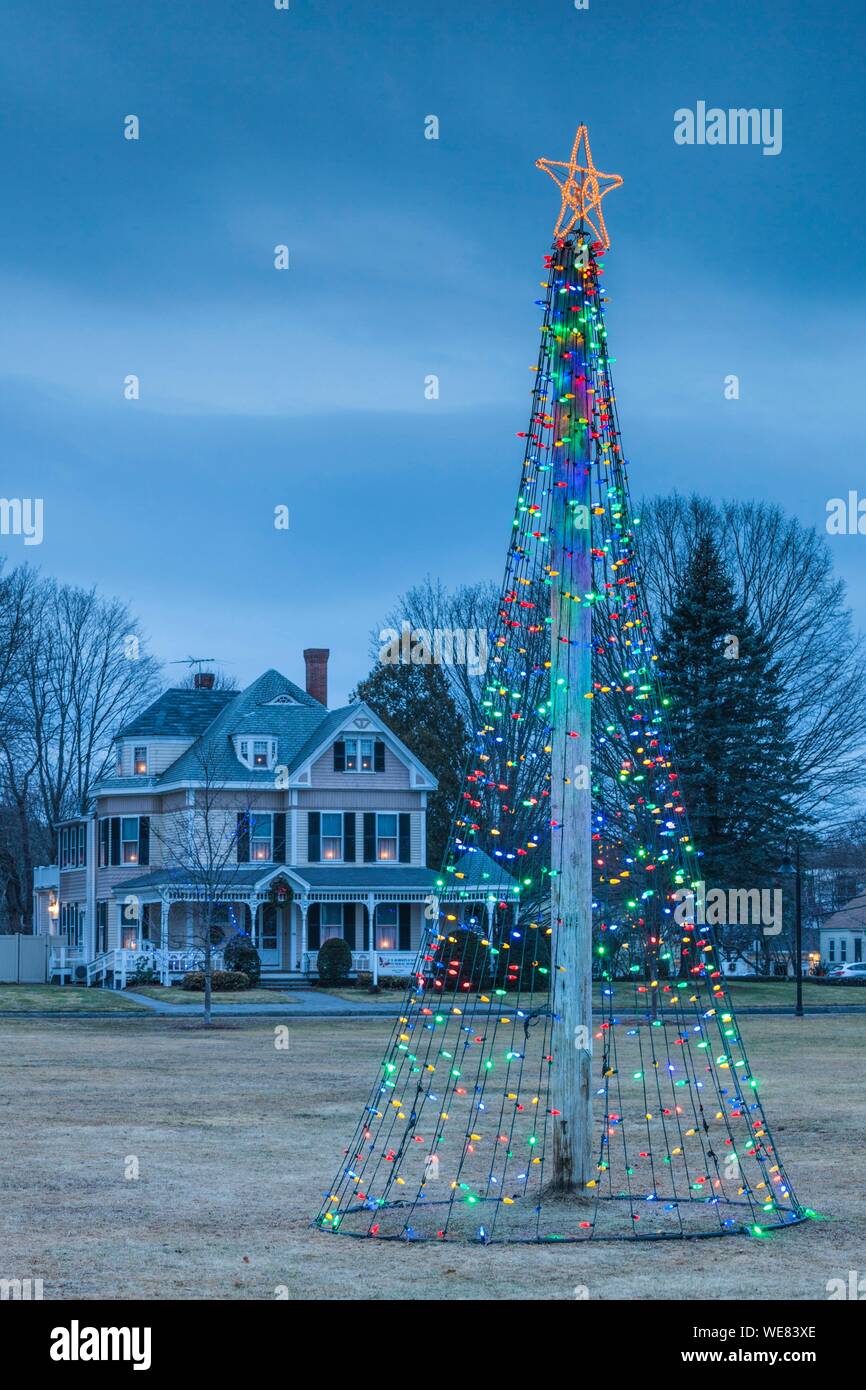United States, New England, Massachusetts, Rowley, village Christmas tree decorations Stock Photo