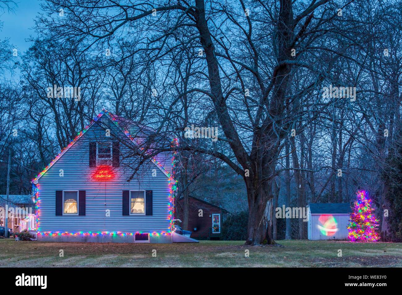 United States, New England, Massachusetts, Rowley, house decorated for Christmas Stock Photo