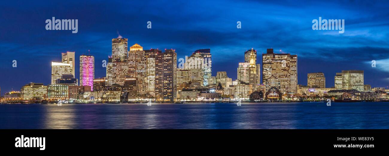 United States, New England, Massachusetts, Boston, city skyline from Boston Harbor, dusk Stock Photo