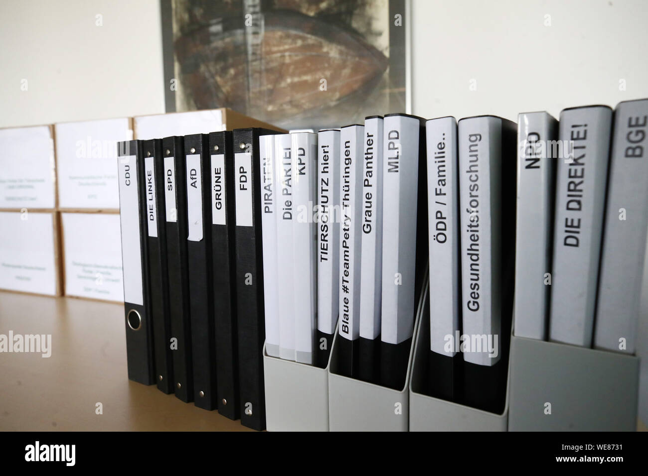 Erfurt, Germany. 30th Aug, 2019. Filers with party election documents can be found at the Thuringia Statistical Office, where the head of the state election office is based. The state election committee decides on state lists of the parties admitted to the state elections on 27.10.2019. Credit: Bodo Schackow/dpa-Zentralbild/dpa/Alamy Live News Stock Photo