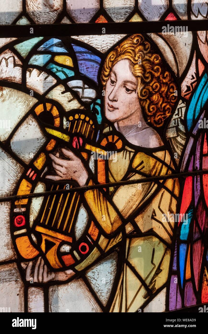 Canada, Quebec province, Montreal, Notre-Dame Cathedral Basilica, Stained Glass, Lyre Player Angel Stock Photo