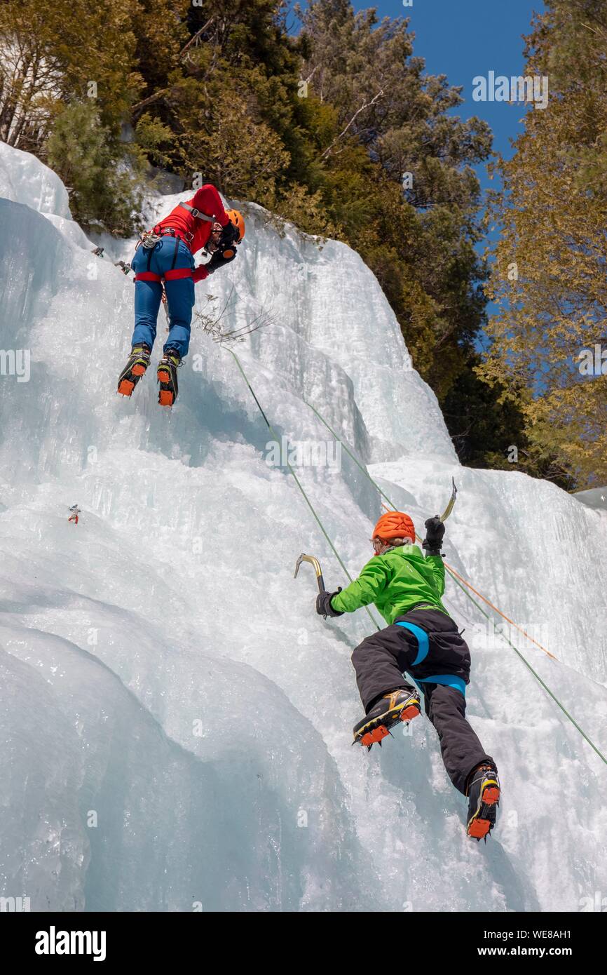 Canada, Quebec province, Mauricie region, Shawinigan and surrounding area, La Mauricie National Park, ice climbing site on frozen rock face Stock Photo