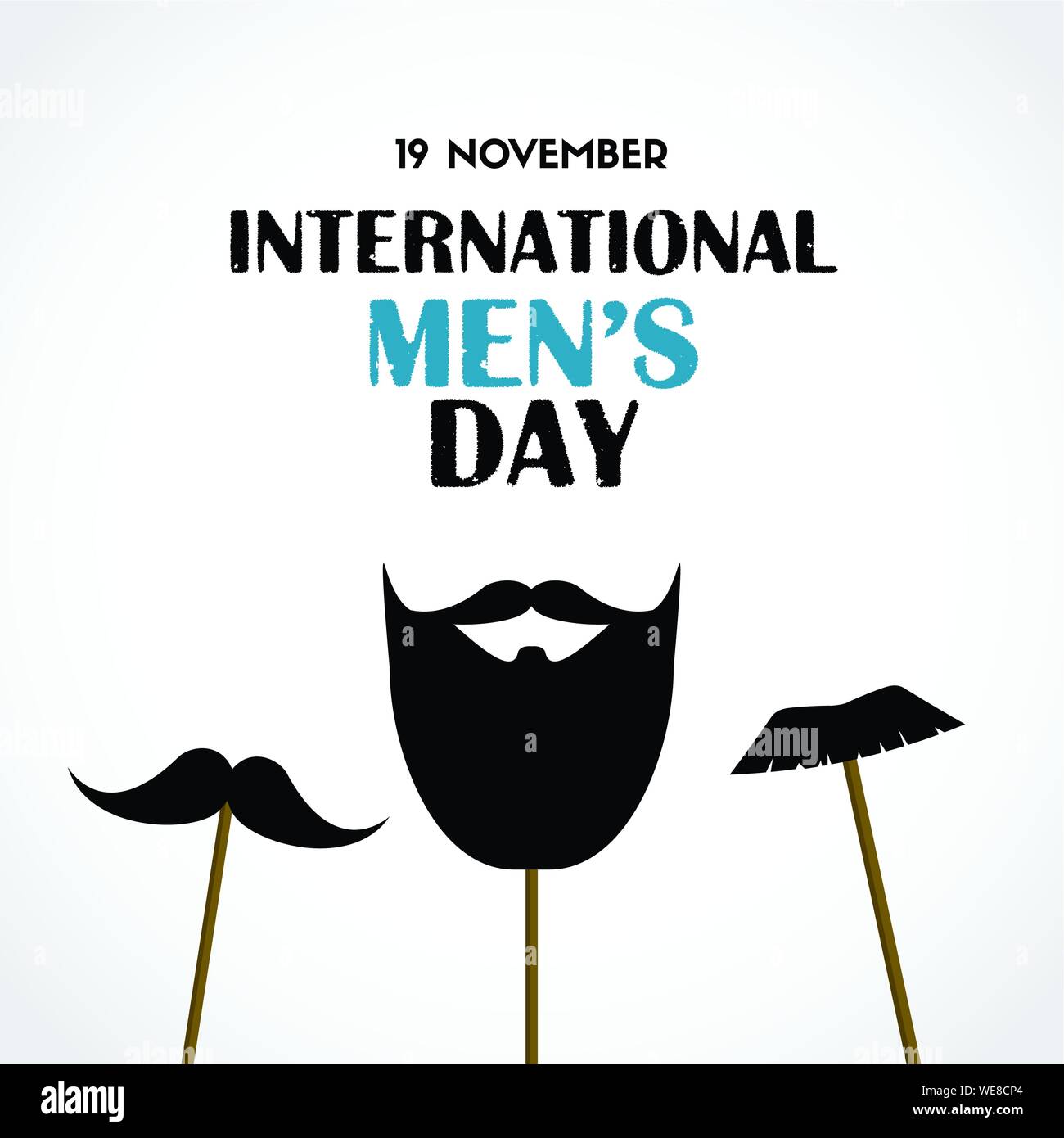 International mens day vector greeting card with party masks beard and mustache on sticks Stock Vector