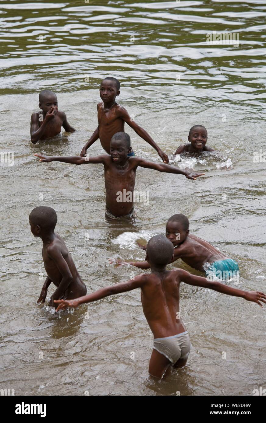 Rwanda, Lake Kivu, group of children bathing in Lake Kivu Stock Photo