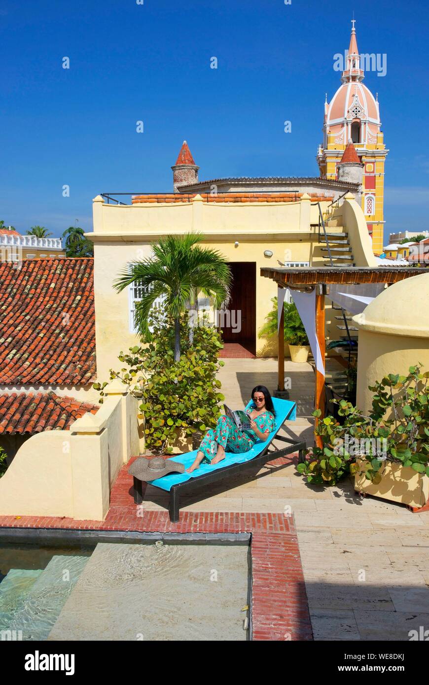 Colombia, Bolivar Department, Cartagena, listed as World heritage by UNESCO, Casa San Agustin colonial boutique-hotel terrace Stock Photo