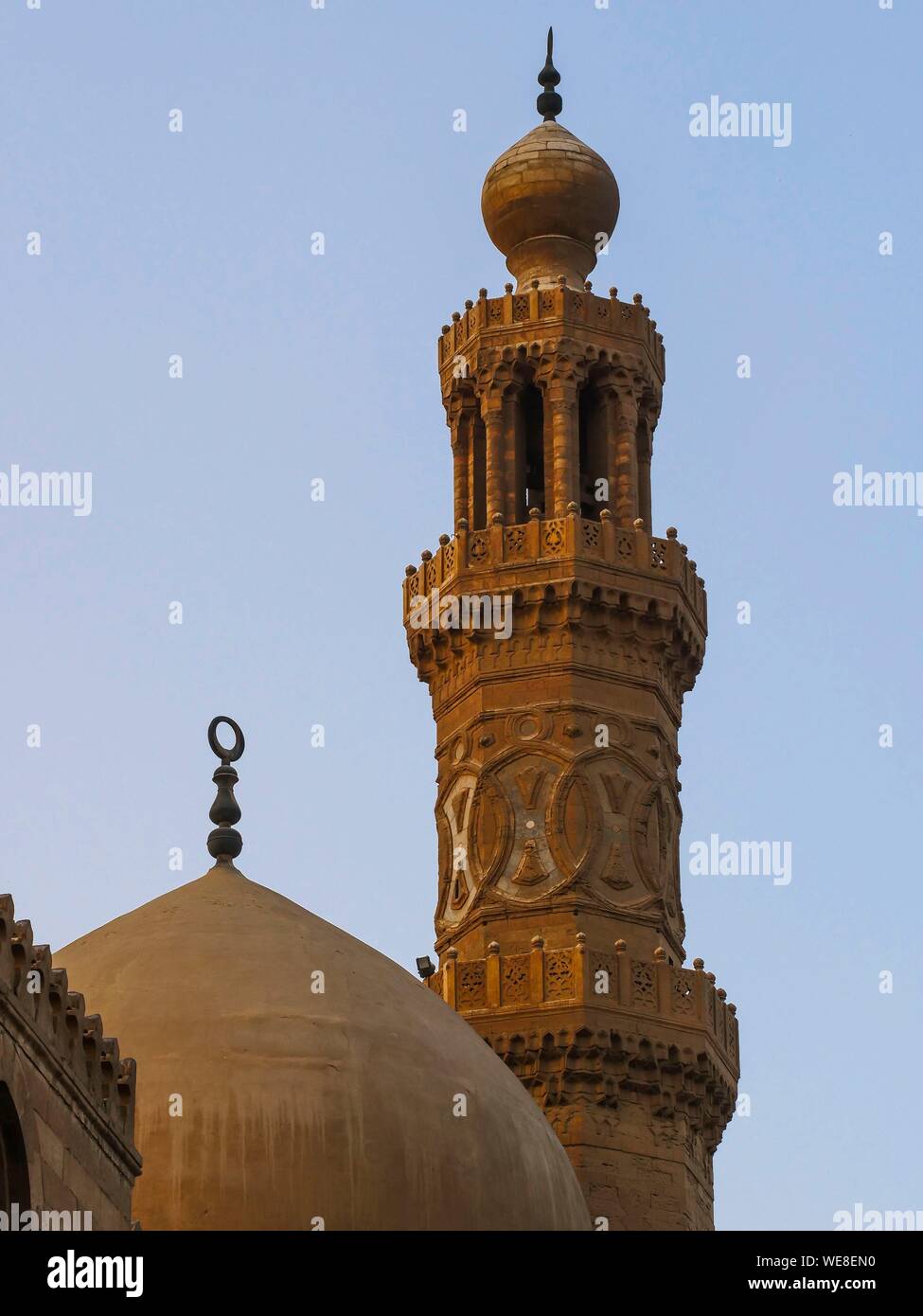 Egypt, Cairo, The minaret of Sultan Barquq's Madrassa Mosque in Muizz Street or Al Moez Ldin Allah Al Fatimi Stock Photo