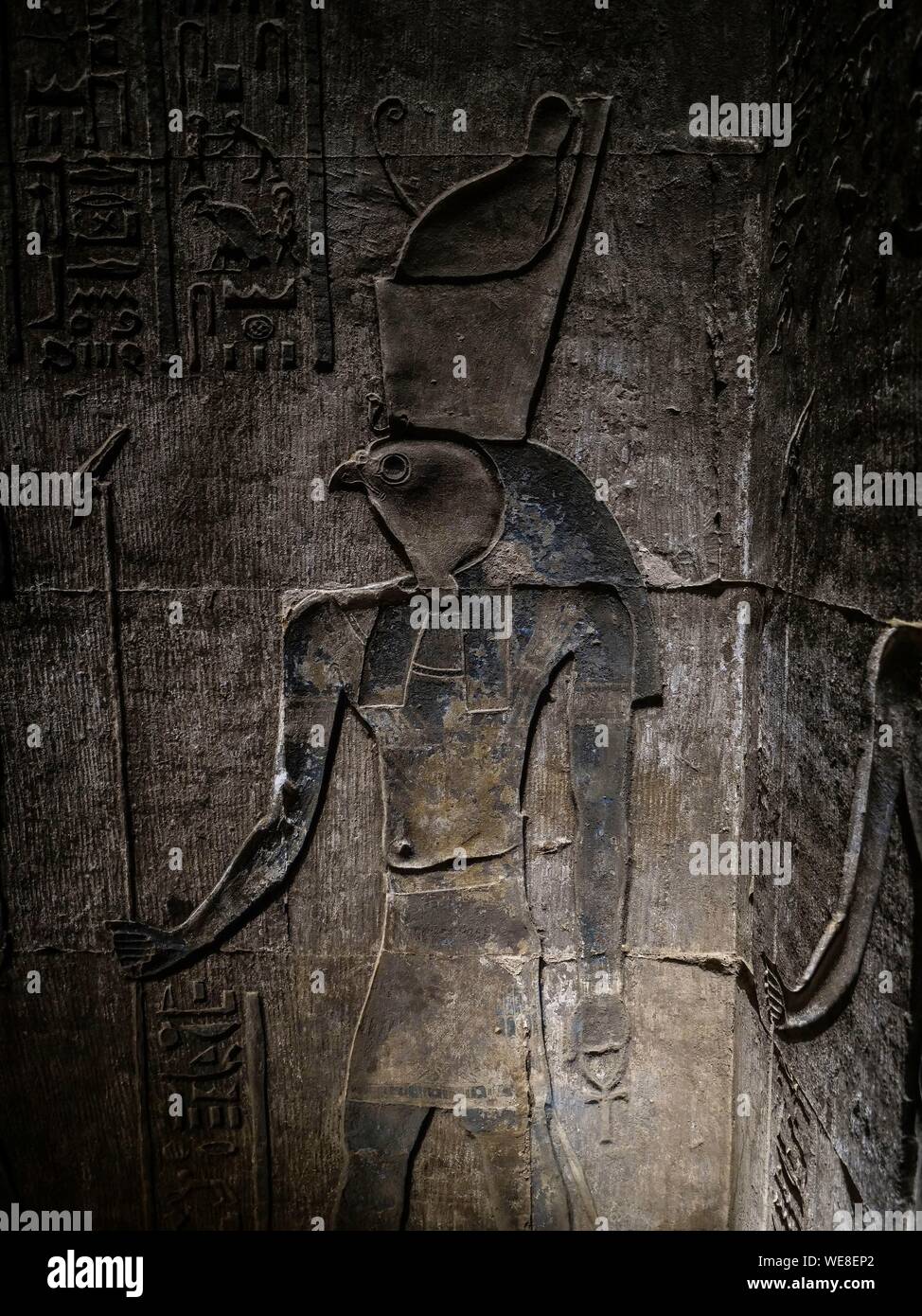 Egypt, Upper Egypt, Nile Valley, Edfu, temple dedicated to the god Horus, bas relief depicting Horus Stock Photo