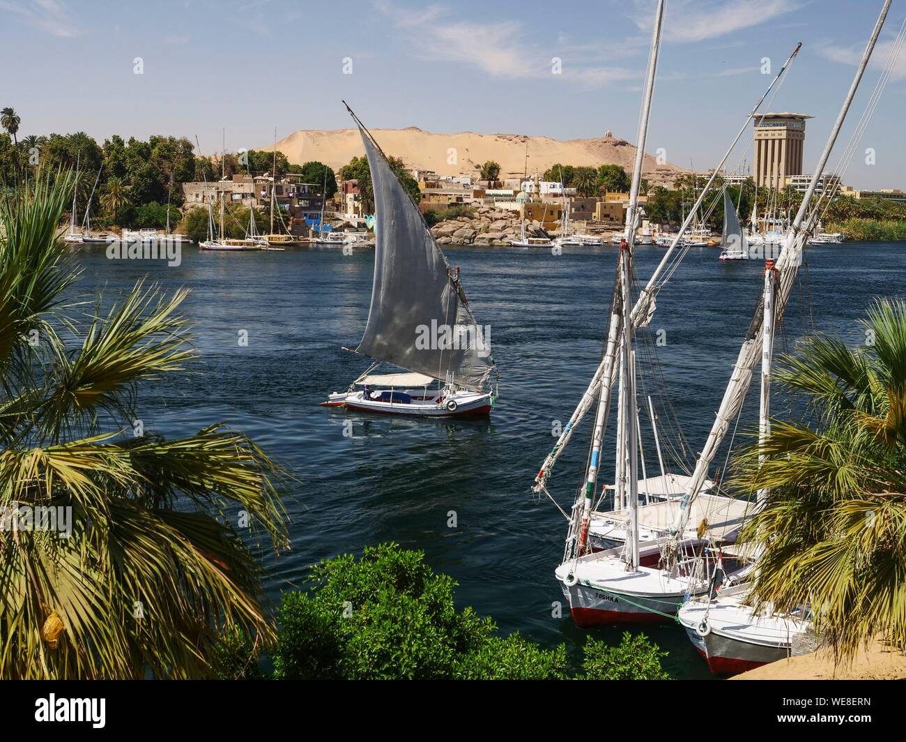 Egypt, Upper Egypt, Nubia, Nile Valley, Aswan, Felucca sailing in front of Elephantine Island Stock Photo