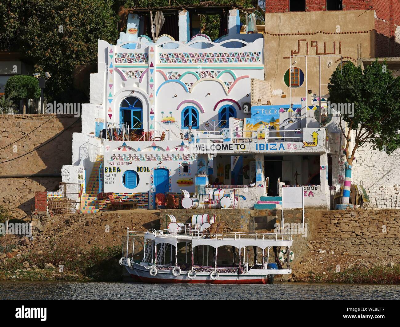 Egypt, Upper Egypt, Nubia, Nile Valley, Aswan, Restaurant and Guest house on Elephantine Island Stock Photo