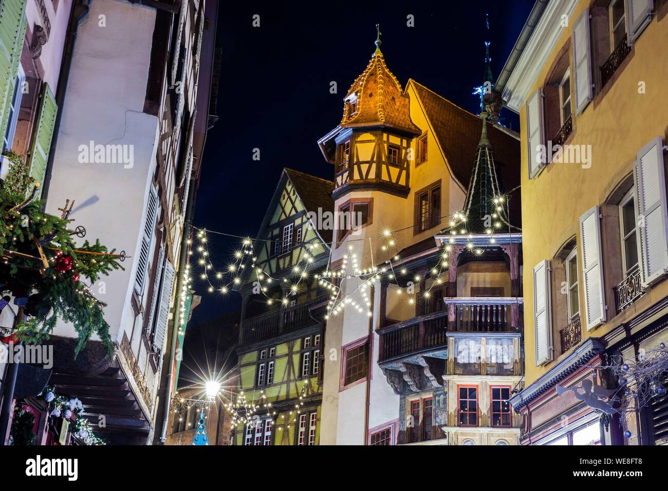 France, Haut Rhin, Colmar, Rue des Marchands, Pfister house, Christmas lights Stock Photo