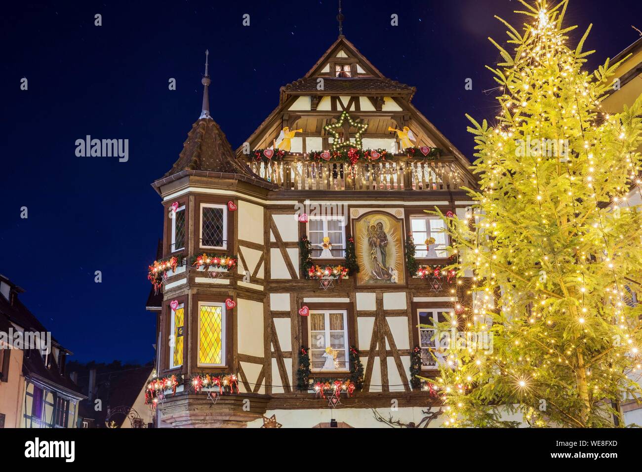 France, Haut Rhin, Alsace Wine Road, Kaysersberg, Christmas decorations Stock Photo