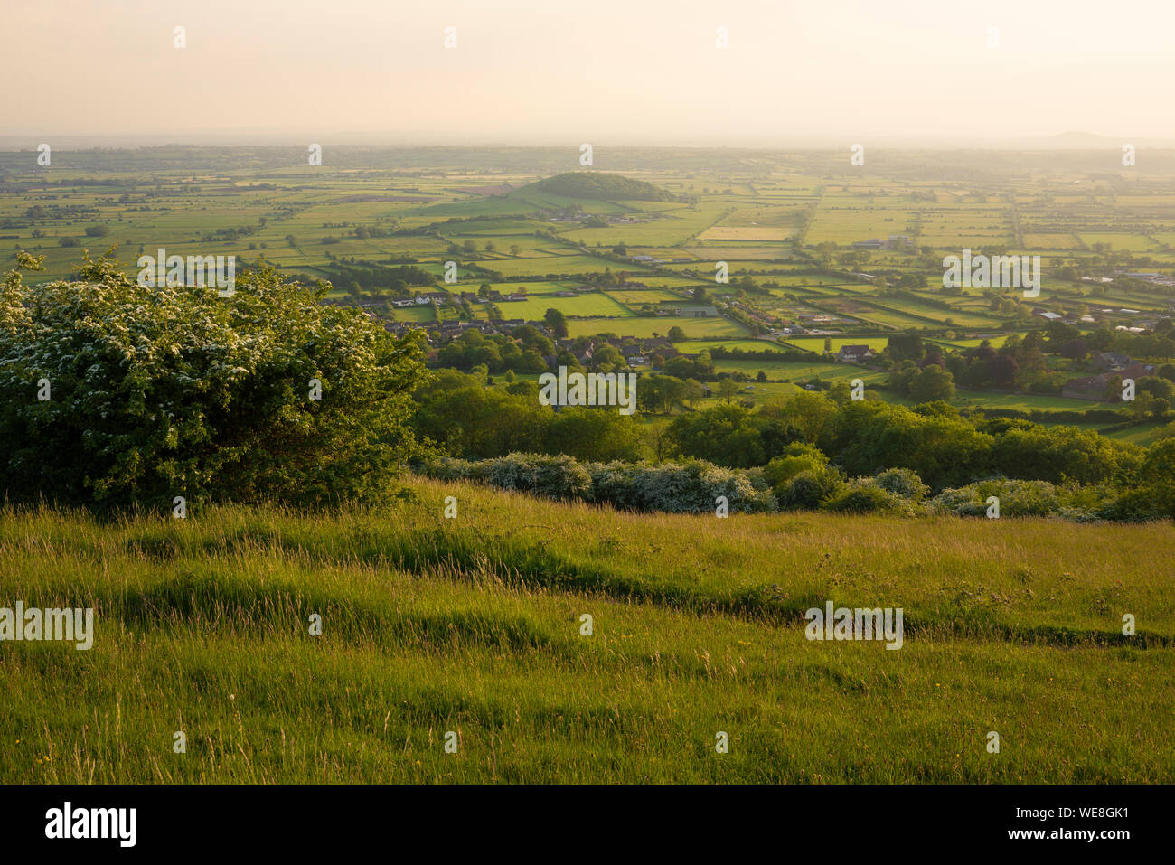 The view from Draycott Sleights in the Mendip Hills National Landscape over the Somerset Levels, England. Stock Photo