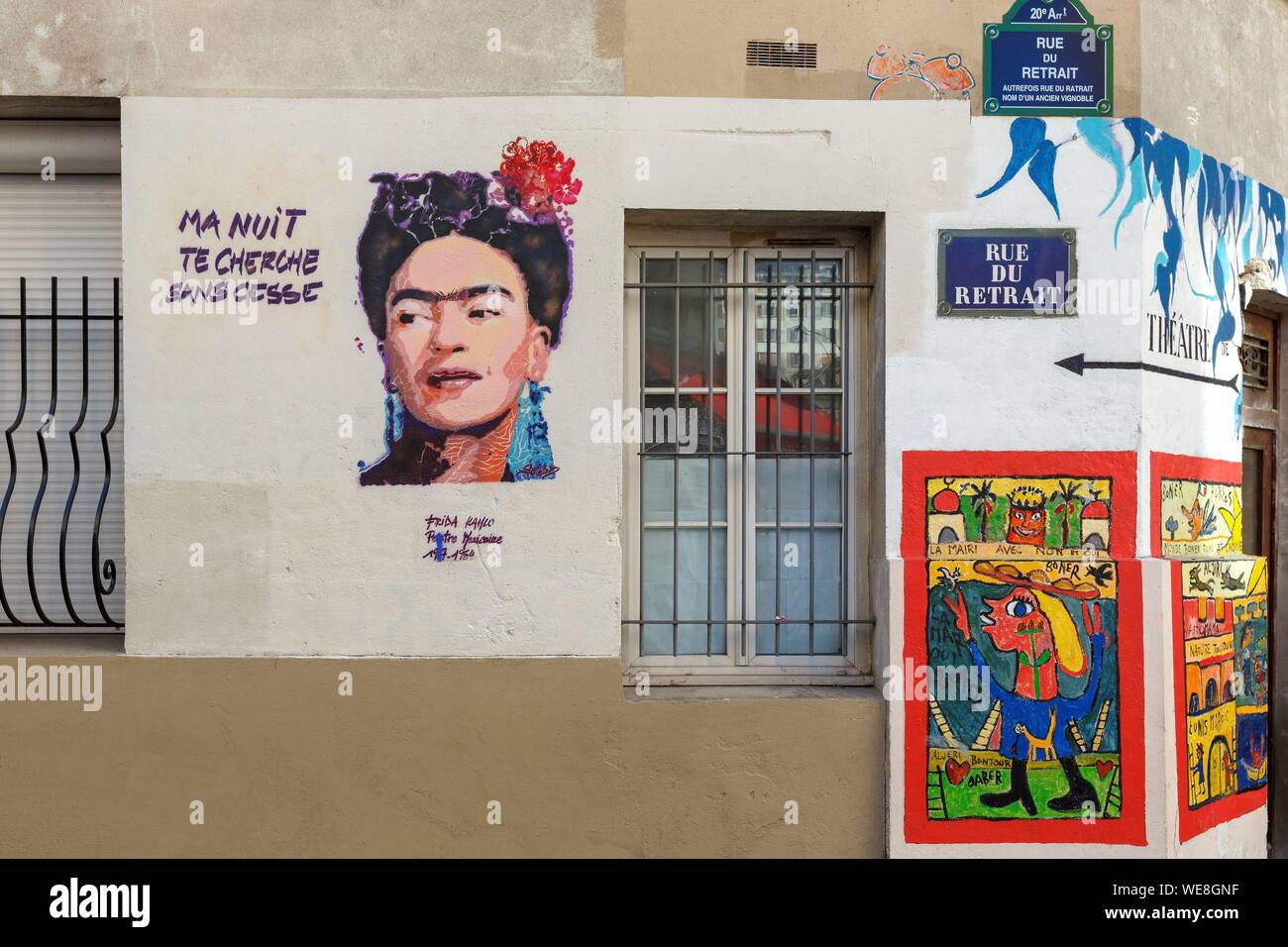 France, Paris, street art, mural representing Frida Kahlo on Rue du Retrait Stock Photo
