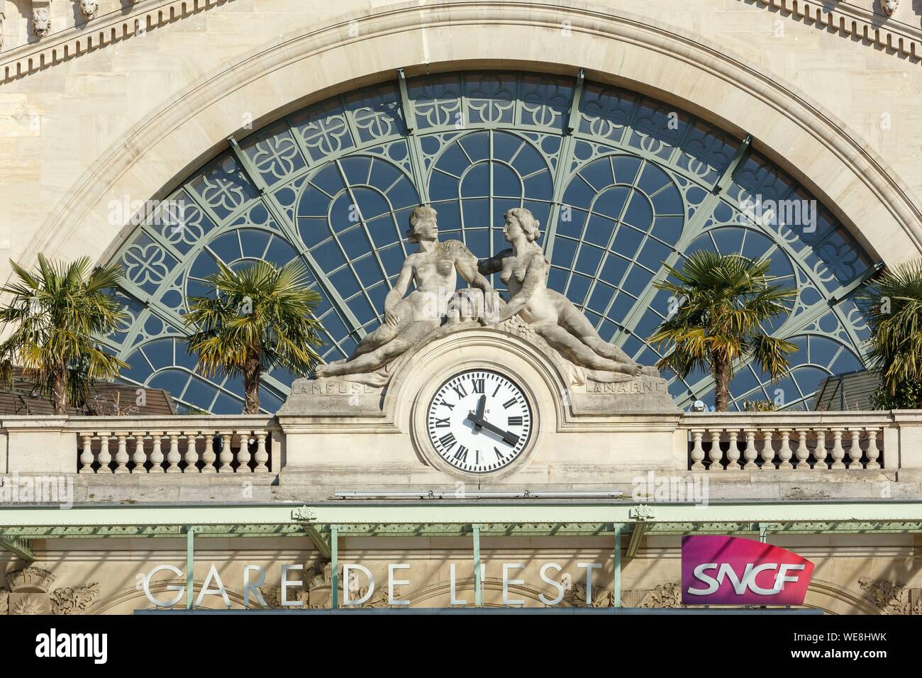 France, Paris, gare de Paris-Est or gare de l'Est (station of the East), is one of the six large SNCF termini in Paris, opened in 1849 and work of the architect Francois-Alexandre Duquesney, detail of the eastern facade Stock Photo