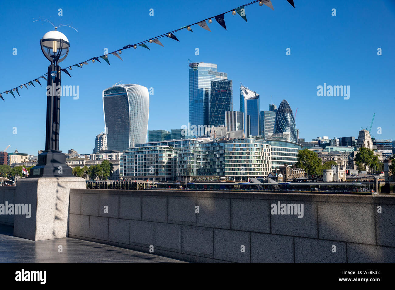 View of the City of London from the South side of the River Thames. The Gherkin, Cheesegrater and Walkie Talkie are visible in the Financial section. Stock Photo