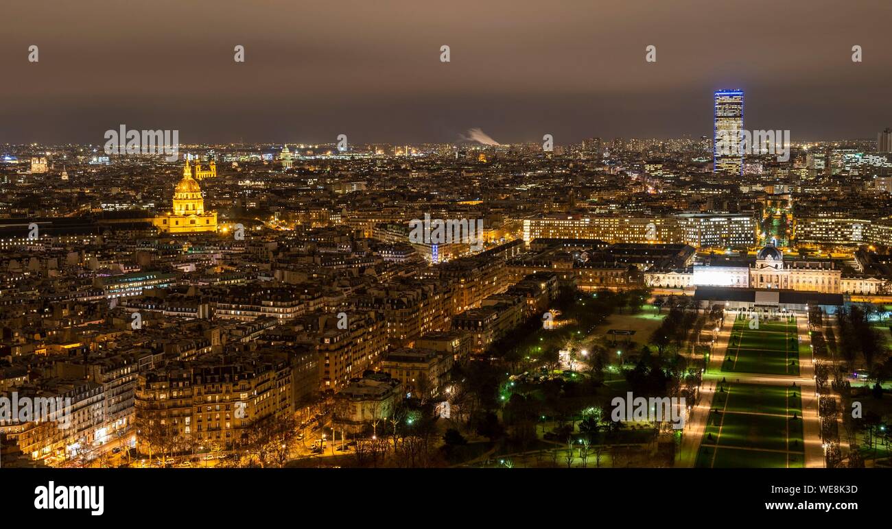 France, Paris (75), classified as UNESCO world heritage, general view by night of the Champ de Mars from the Eiffel Tower Stock Photo