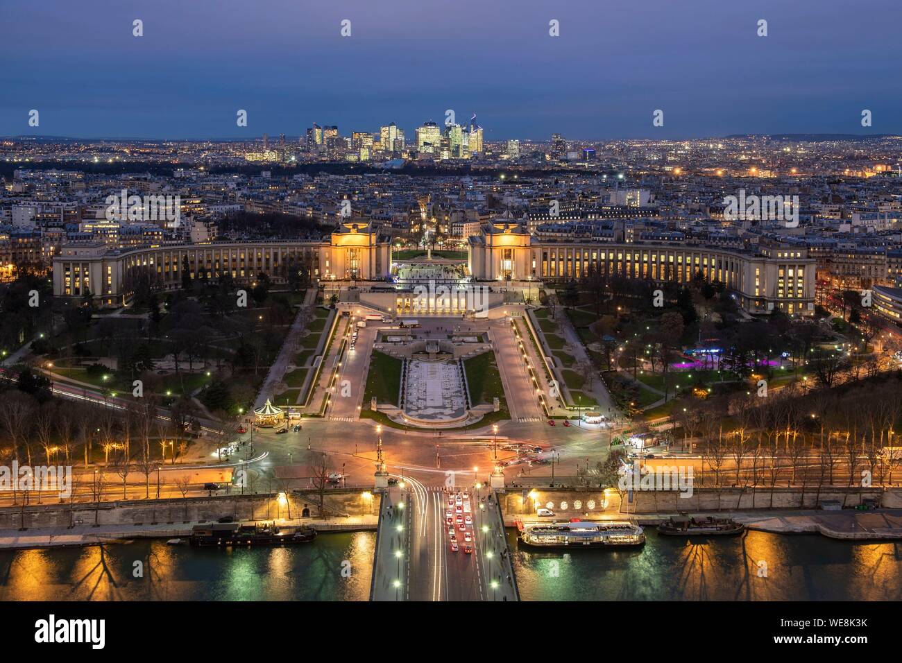 France, Paris (75), classified as UNESCO world heritage, general view by night of the Trocadéro from the Eiffel Tower Stock Photo