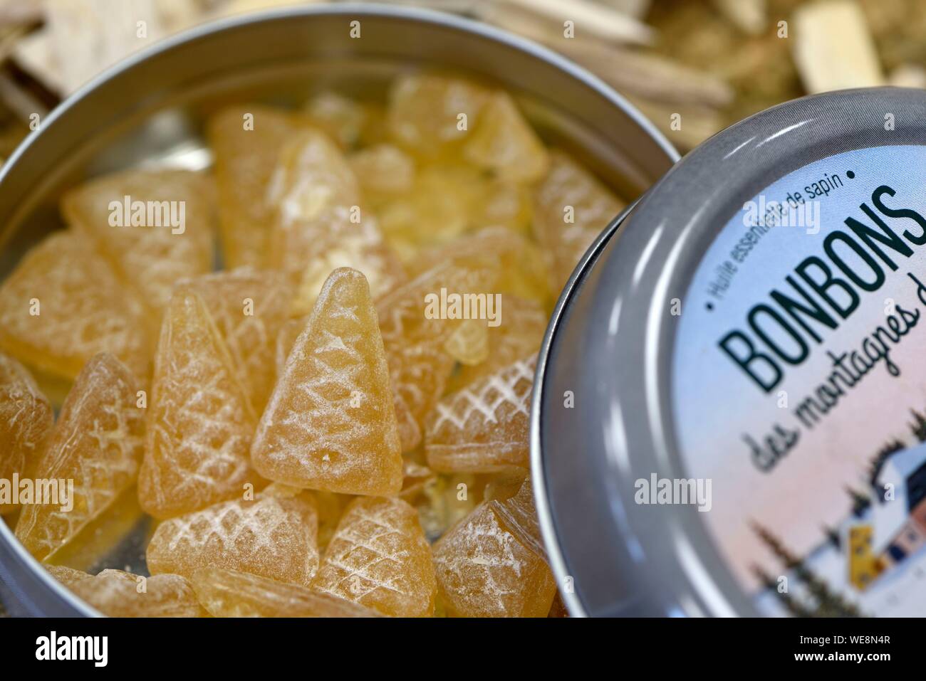 France, Doubs Amancey, Aromacomtois, essential oils producer of softwood Jura by distillation, organic farming, shop, candy fir Stock Photo