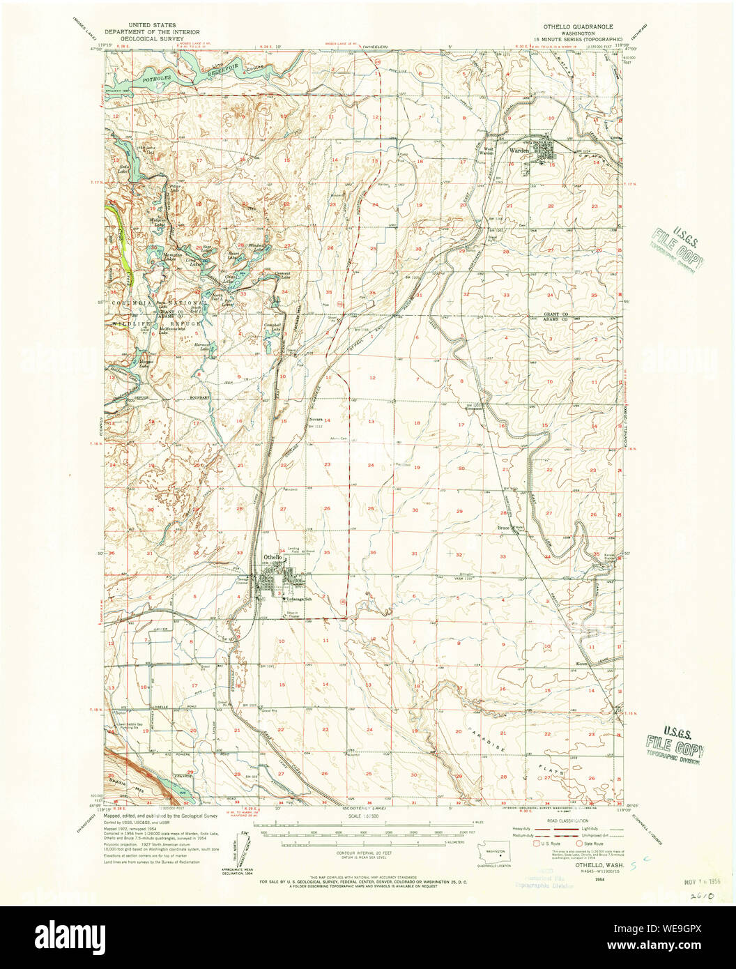 USGS Topo Map Washington State WA Othello 243032 1954 62500 Restoration