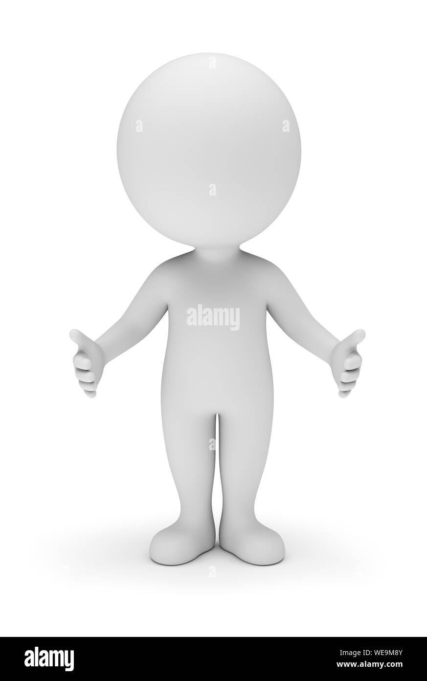 3d small people - welcome friendly greeting pose with open arms front view. 3d rendering. Isolated on white background. Stock Photo