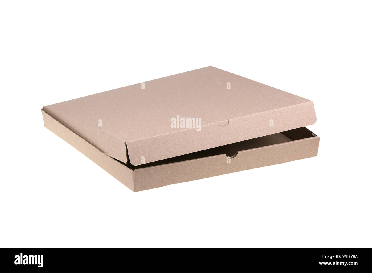 Empty pizza cardboard box isolated on white background. Stock Photo