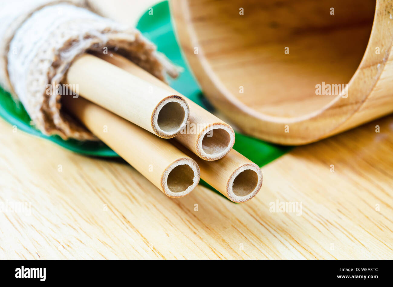 Ecological bamboo straws tube for drinking water just say 'NO' to plastic. Eco friendly concept. Stock Photo