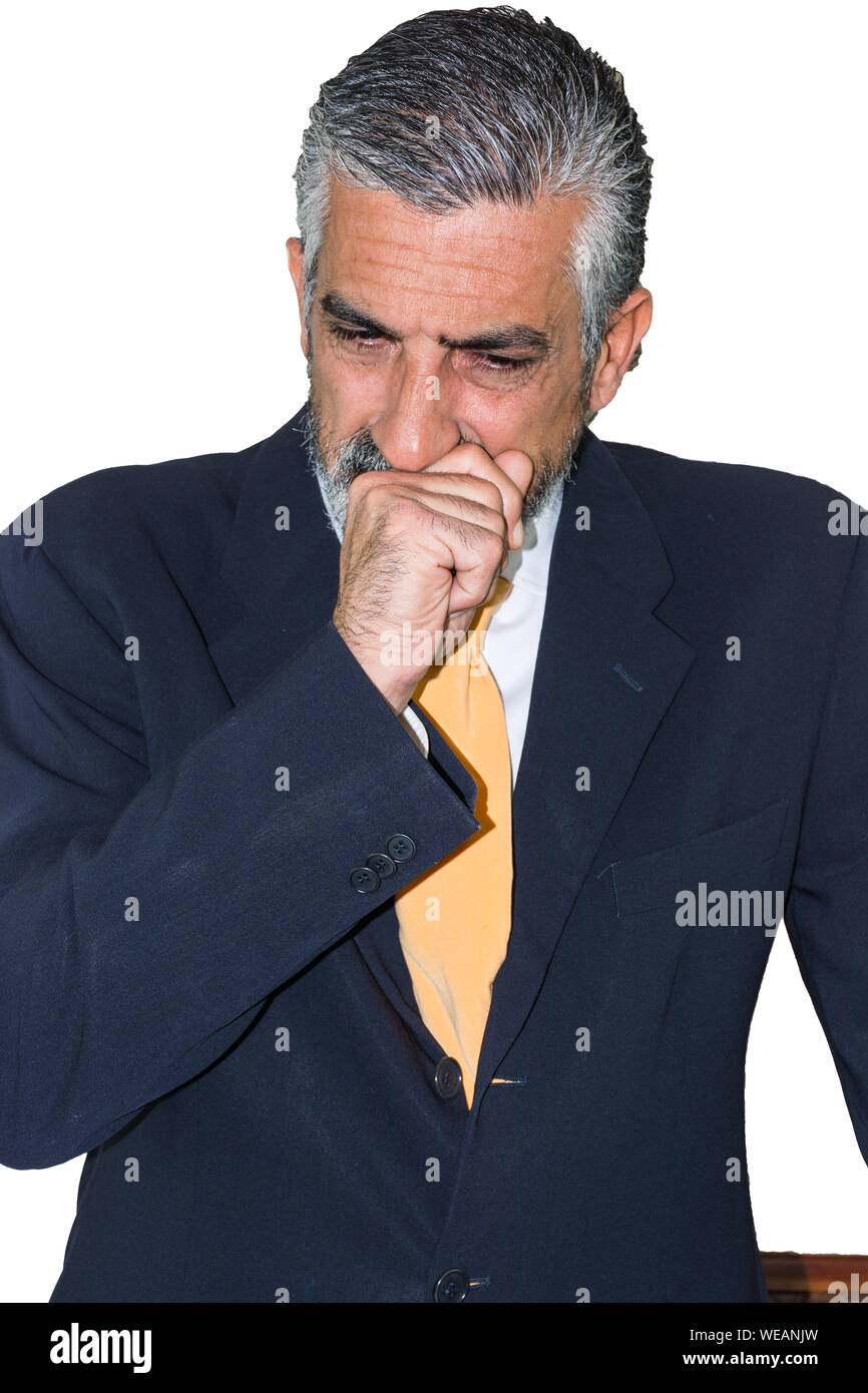 Businessman Coughing Against White Background Stock Photo