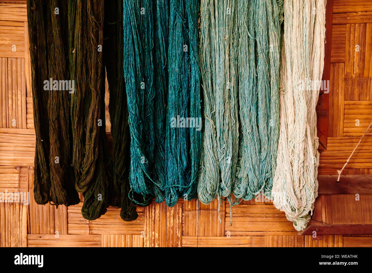 Details of natural colourful cotton thread fiber with natural colour dye process. Traditional