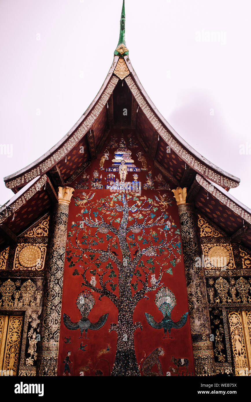 Xieng Tree Golden Buddism Mural art and mosaic wall