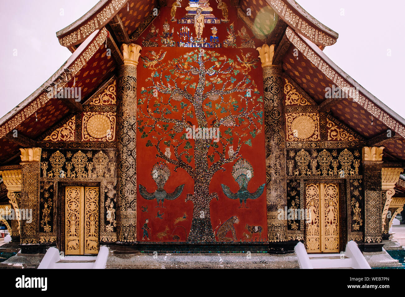 Xieng Tree Golden Buddism Mural art and mosaic wall