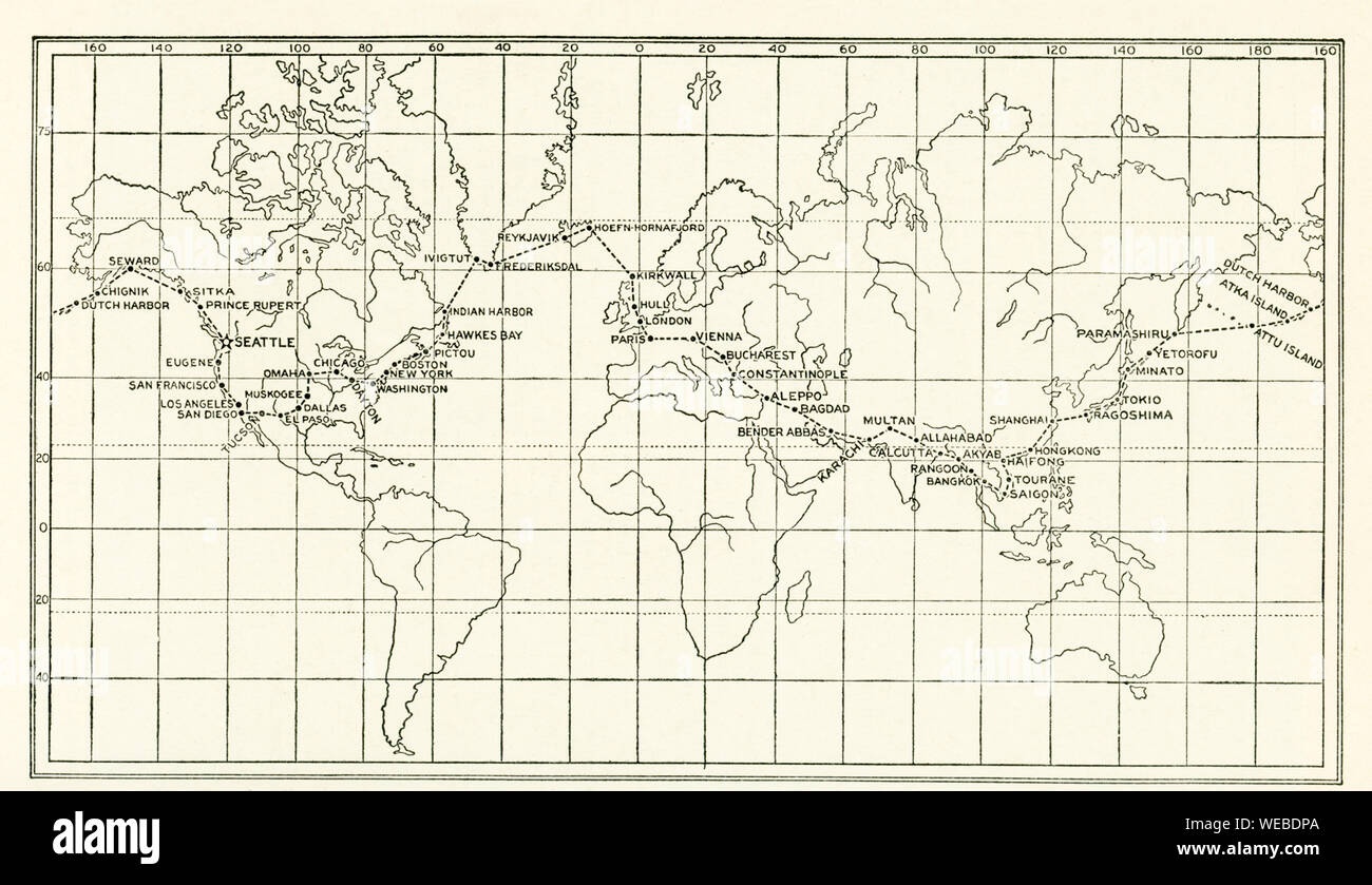 The image dates to the early 1920s. Around the world by Aeroplane. Chart of the epochal air voyage around the world made by American flyers who left Santa Monica, Los Angeles, California, March 17, 1924, flying by way of  Alaska, Japan, China, India, Mesopotamia, Europe, Iceland, Canada, and crossing the United States by easy stages, arriving at Seattle, September 28. Stock Photo