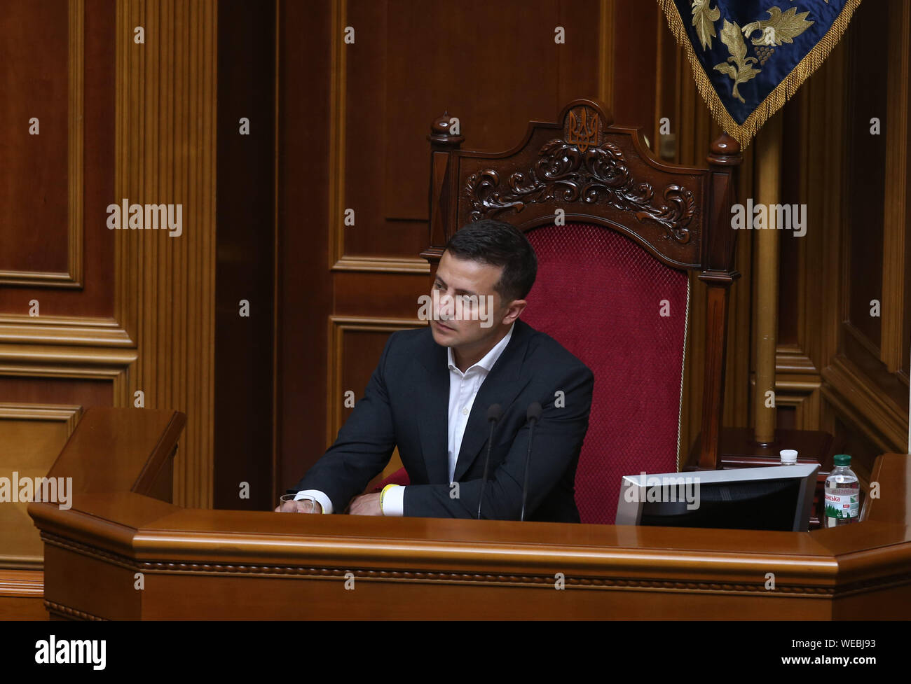 Kiev, Ukraine. 29th Aug, 2019. Ukrainian President Volodymyr Zelensky attends the parliament session in Kiev, Ukraine, Aug. 29, 2019. Ukrainian parliament of the 9th convocation appointed Oleksiy Honcharuk to be the Ukrainian prime minister, information on the parliament's official website showed Thursday. His candidacy was introduced by Ukrainian President Volodymyr Zelensky and supported by 290 MPs out of 419 registered in the session hall, thus making him the youngest government head in the Ukrainian history. Credit: Sergey/Xinhua Stock Photo