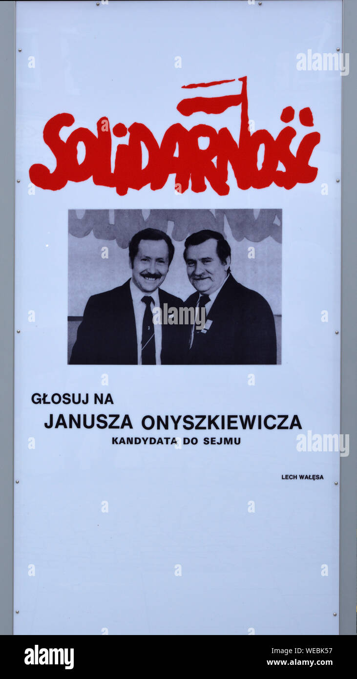 Election poster of the Polish trade union Solidarnosc for the parliamentary election to the Sejm in the Old Town of Gdansk - Poland. Stock Photo