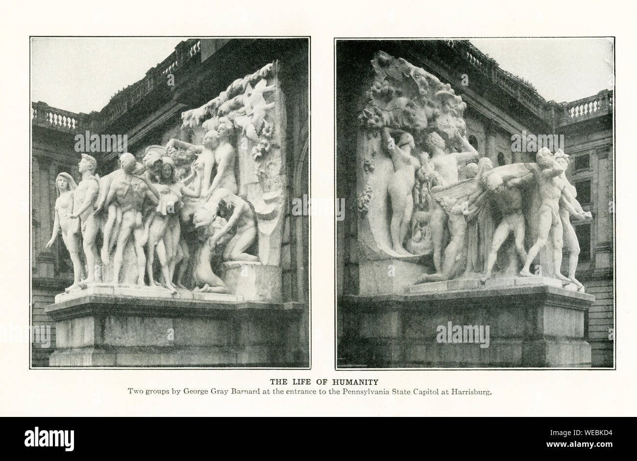 The photo dates to the early 1920s. The caption reads: The Life of Humanity. Two groups of George Gray (Also  written Grey) Barnard at the entrance to the Pennsylvania State Capitol at Harrisburg. Barnard (1863-1938) was an American scupltor who trained in Paris. His best known works are: Struggle of Two Natures in Man at the Metropolitan Museum of Art in New York, this piece Life of Humanity, and his tstaue of Abraham Lincoln in Cincinnati. Stock Photo