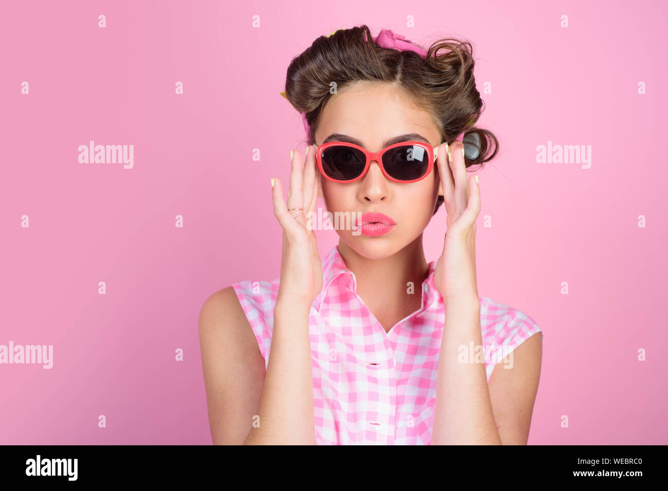 Beauty Salon And Hairdresser Happy Girl In Summer Glasses Pin Up