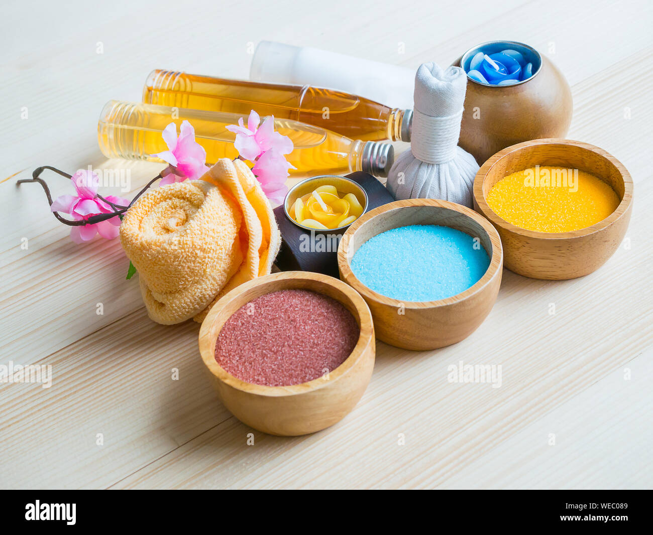 High Angle View Of Multi Colored Body Care Equipment On Floor Stock Photo