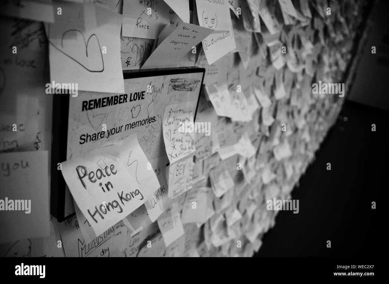 Peace in Hong Kong message at Double Fantasy - John & Yoko exhibition (messages of peace wall) at The Museum of Liverpool, Quayside, UK. Stock Photo