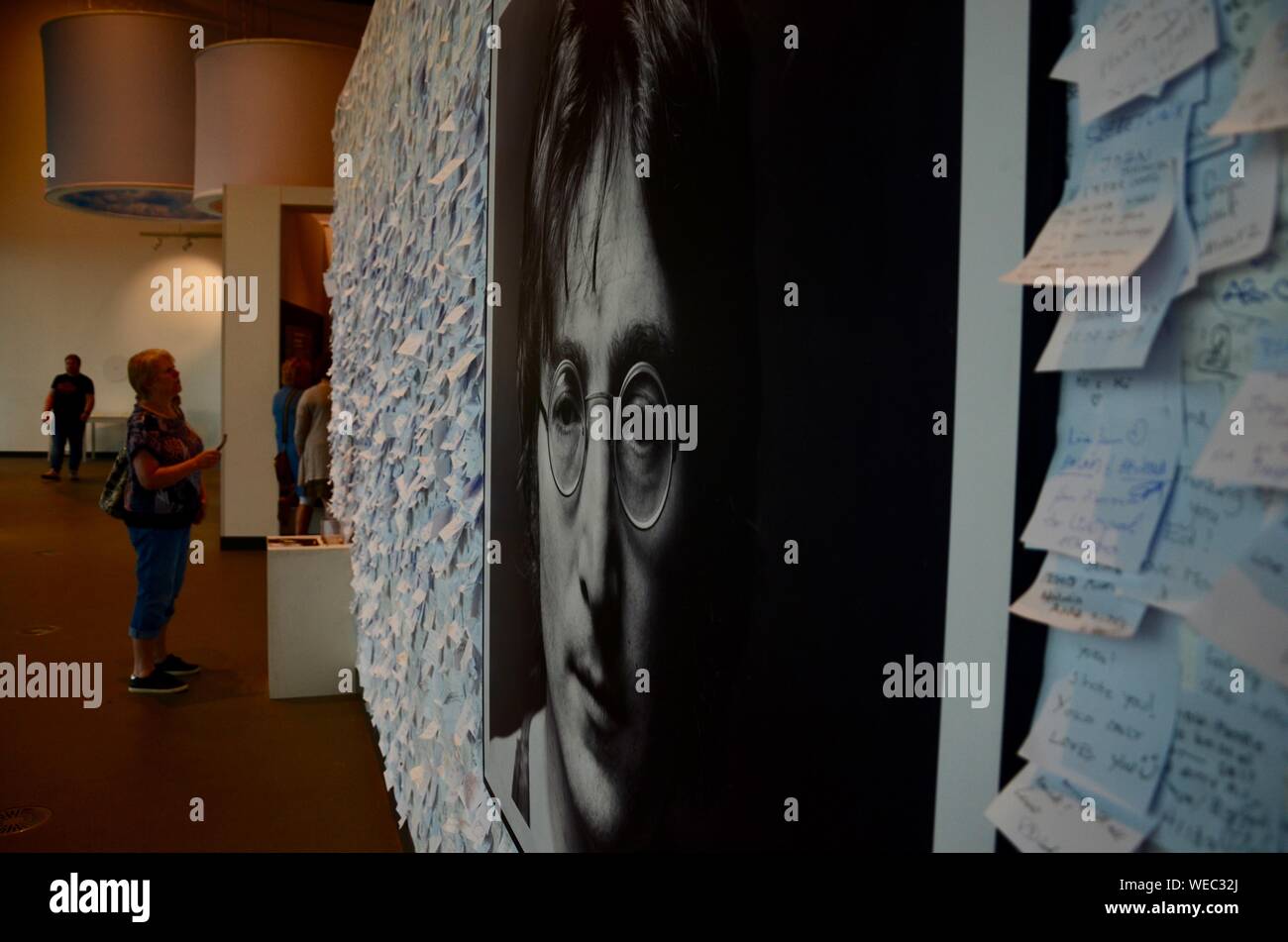 Double Fantasy - John & Yoko exhibition (messages of peace wall) at The Museum of Liverpool, Quayside, UK. Stock Photo