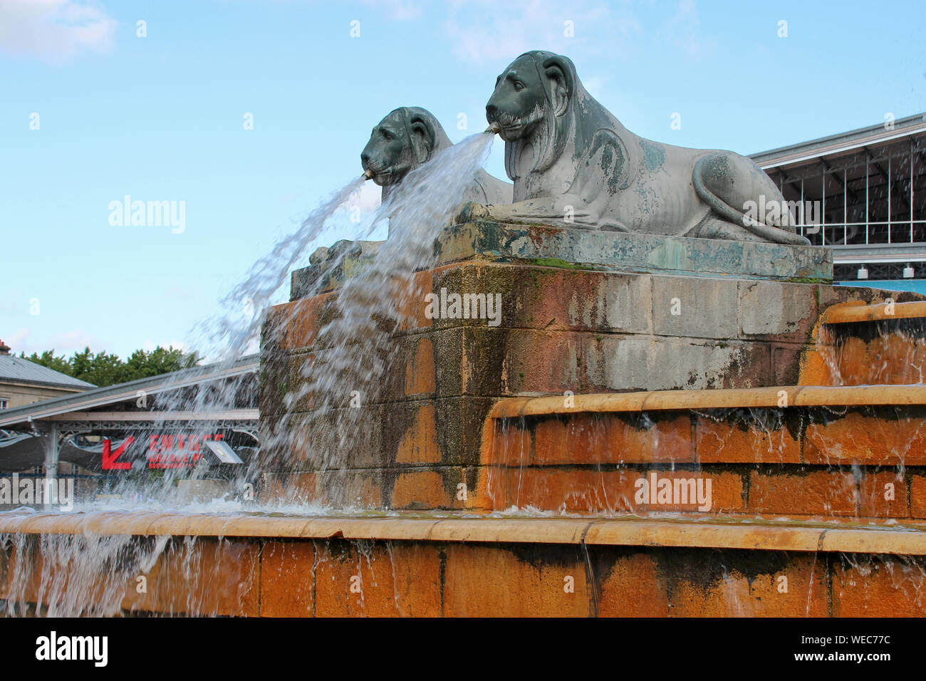 lions fountain in the park of la villette in paris (france) Stock Photo
