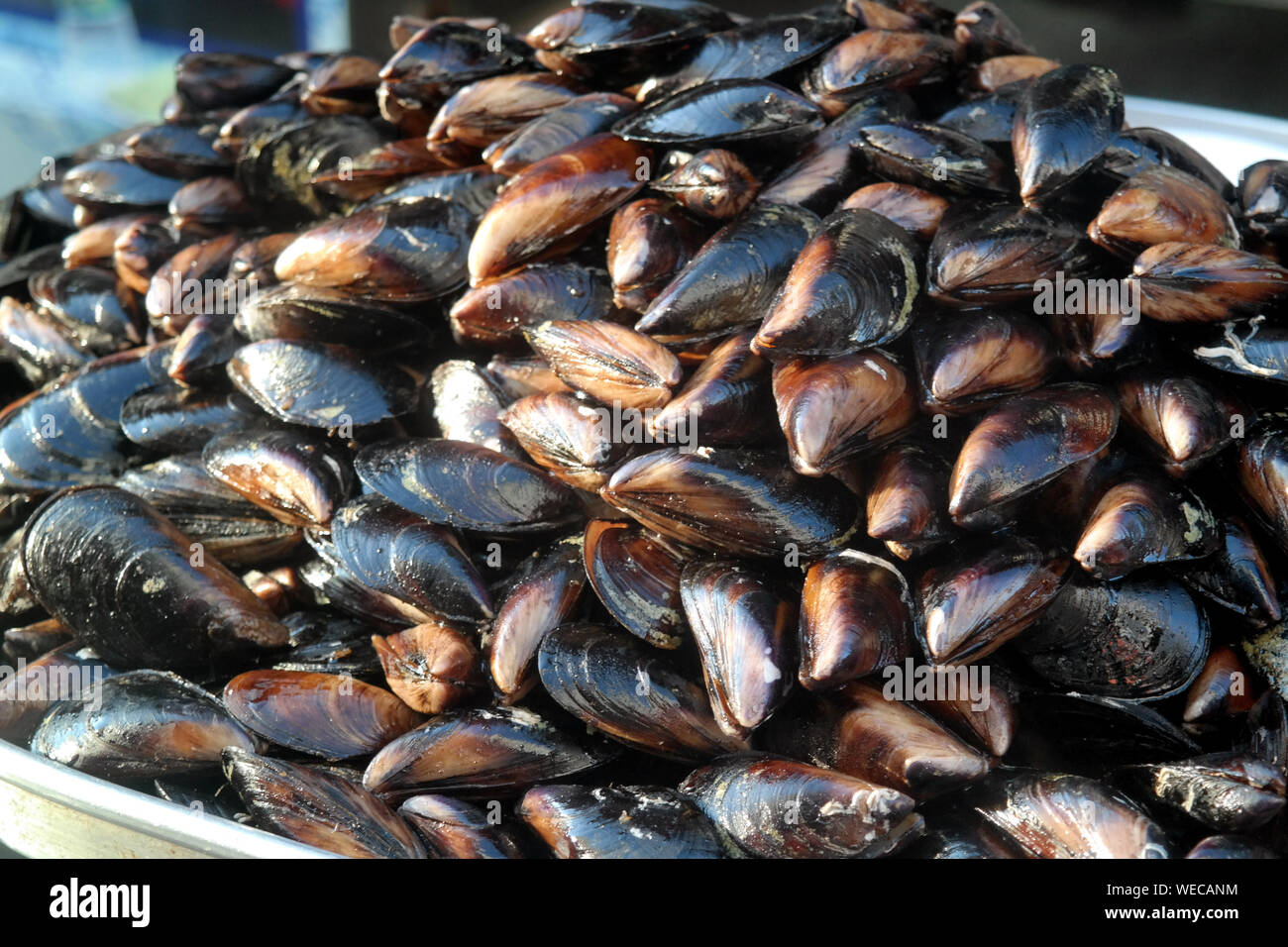 Turkish style stuffed mussels and lemons (midye dolma) Stock Photo