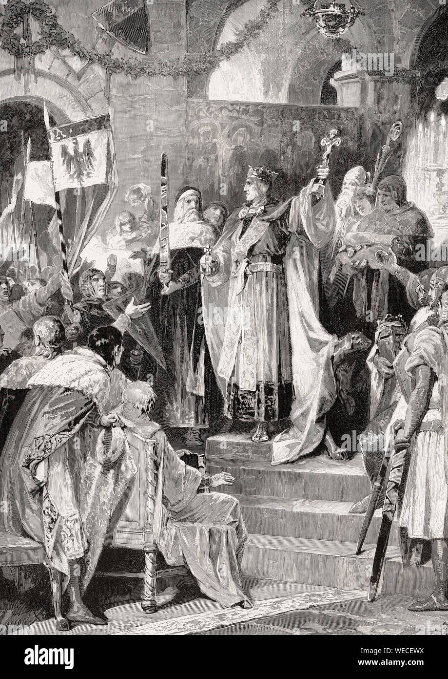 Coronation of Rudolf of Habsburg at Aachen Cathedral on 24 October 1273 Stock Photo