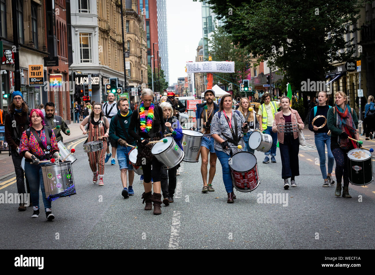 Manchester, UK. 30th Aug, 2019. The Northern Rebellion which is part of the Extinction Rebellion movement occupied one of the major transport routes through the city this morning. Deansgate, came to a standstill as protesters took to the streets in pursuit for peaceful action to create changes needed to overcome climate change. Credit: Andy Barton/Alamy Live News Stock Photo