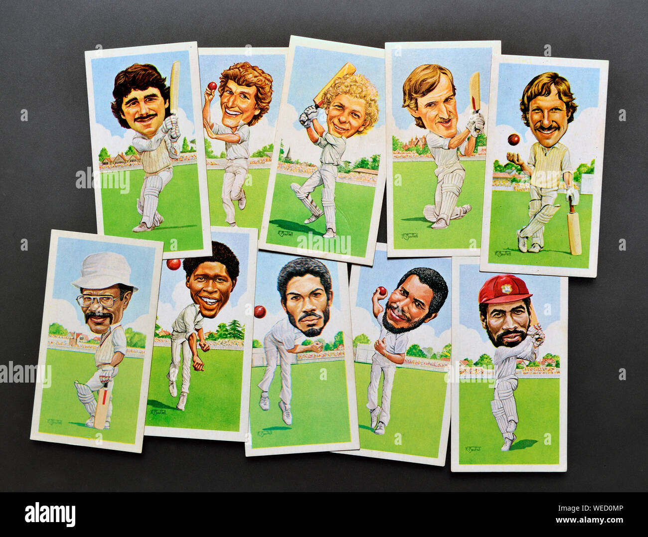 Collectable cards: Texaco Trophy Cricket Cards (1984) Allan Lamb, Bob Willis, David Gower, Chris Tavare, Ian Botham, Clive Lloyd, Joel Garner, Michael Stock Photo